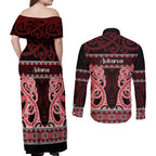 Kia Ora New Zealand Couples Matching Off Shoulder Maxi Dress and Long Sleeve Button Shirt Maori Language Week Whero Taniko Motif - Aussie Hoodie