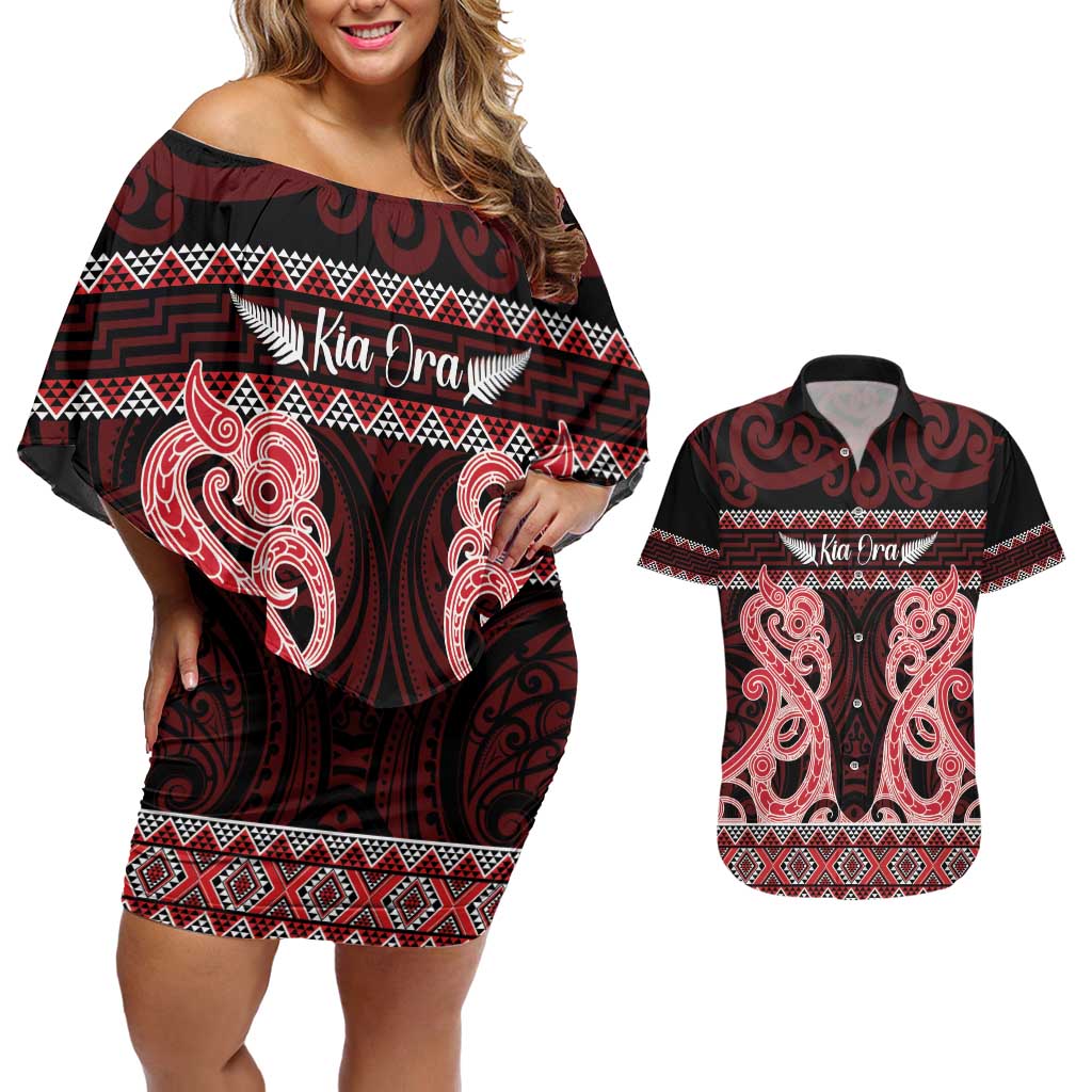 Kia Ora New Zealand Couples Matching Off Shoulder Short Dress and Hawaiian Shirt Maori Language Week Whero Taniko Motif - Aussie Hoodie