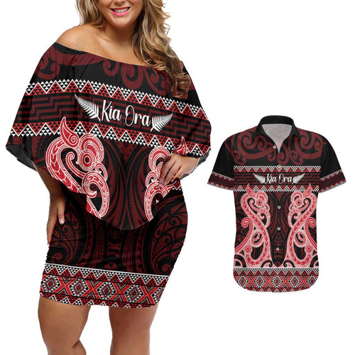 Kia Ora New Zealand Couples Matching Off Shoulder Short Dress and Hawaiian Shirt Maori Language Week Whero Taniko Motif - Aussie Hoodie