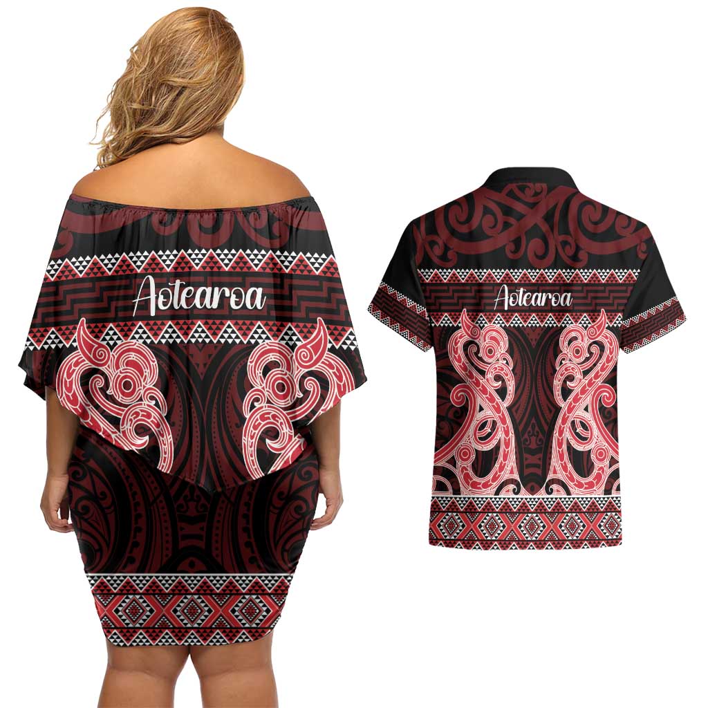 Kia Ora New Zealand Couples Matching Off Shoulder Short Dress and Hawaiian Shirt Maori Language Week Whero Taniko Motif - Aussie Hoodie