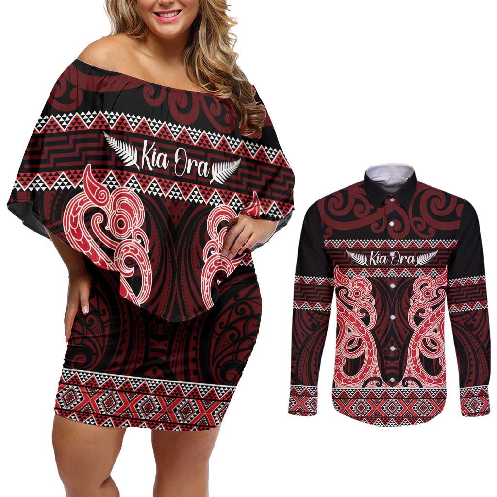 Kia Ora New Zealand Couples Matching Off Shoulder Short Dress and Long Sleeve Button Shirt Maori Language Week Whero Taniko Motif - Aussie Hoodie