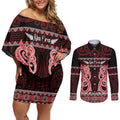 Kia Ora New Zealand Couples Matching Off Shoulder Short Dress and Long Sleeve Button Shirt Maori Language Week Whero Taniko Motif - Aussie Hoodie