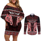 Kia Ora New Zealand Couples Matching Off Shoulder Short Dress and Long Sleeve Button Shirt Maori Language Week Whero Taniko Motif - Aussie Hoodie