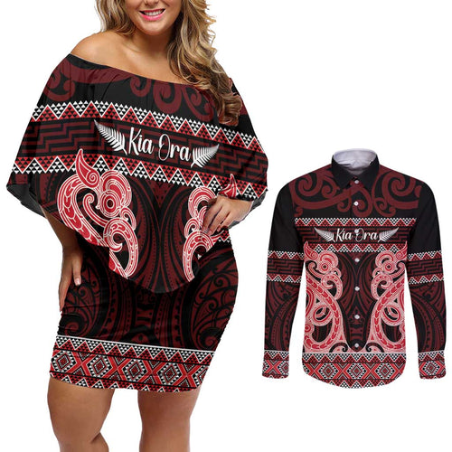 Kia Ora New Zealand Couples Matching Off Shoulder Short Dress and Long Sleeve Button Shirt Maori Language Week Whero Taniko Motif - Aussie Hoodie