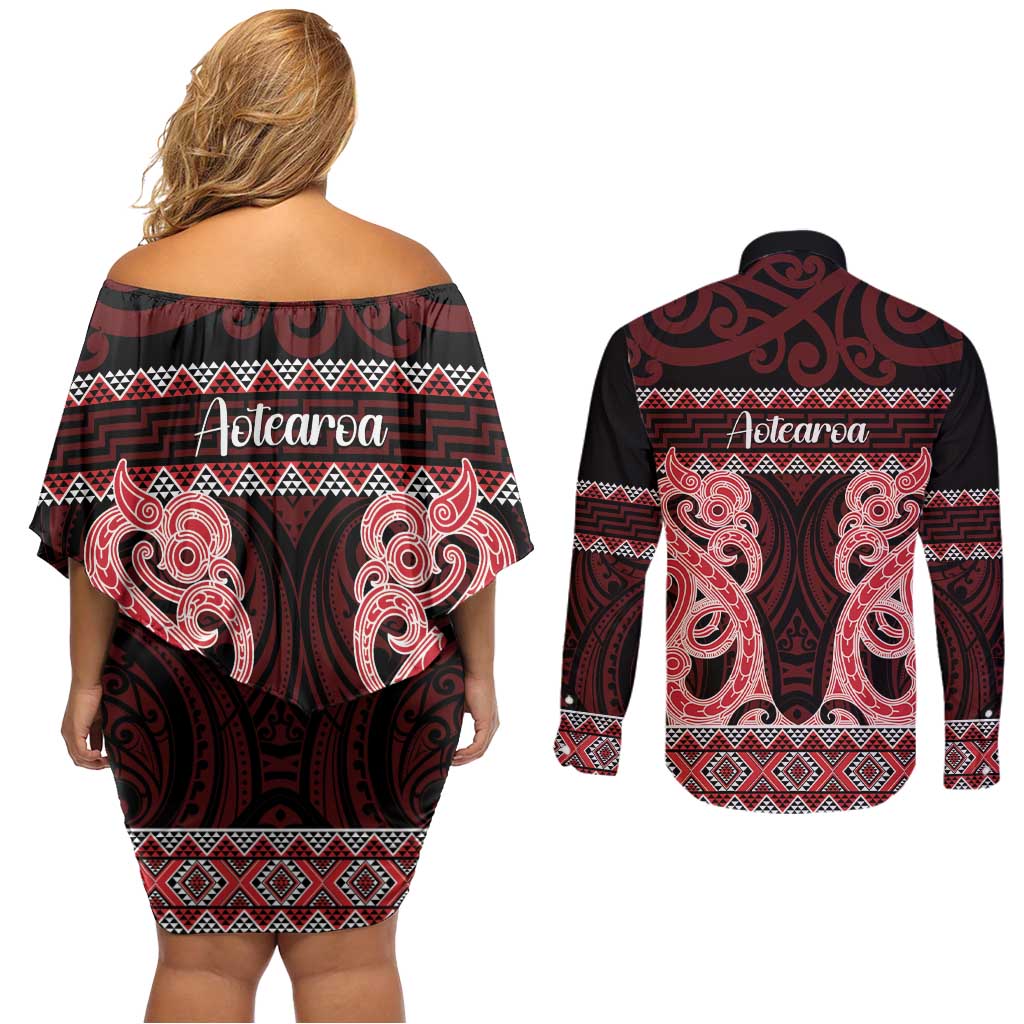 Kia Ora New Zealand Couples Matching Off Shoulder Short Dress and Long Sleeve Button Shirt Maori Language Week Whero Taniko Motif - Aussie Hoodie