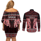 Kia Ora New Zealand Couples Matching Off Shoulder Short Dress and Long Sleeve Button Shirt Maori Language Week Whero Taniko Motif - Aussie Hoodie