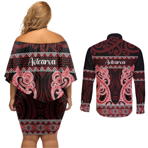 Kia Ora New Zealand Couples Matching Off Shoulder Short Dress and Long Sleeve Button Shirt Maori Language Week Whero Taniko Motif - Aussie Hoodie