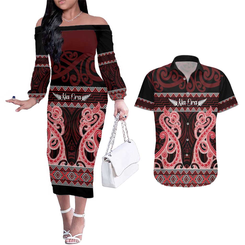 Kia Ora New Zealand Couples Matching Off The Shoulder Long Sleeve Dress and Hawaiian Shirt Maori Language Week Whero Taniko Motif - Aussie Hoodie