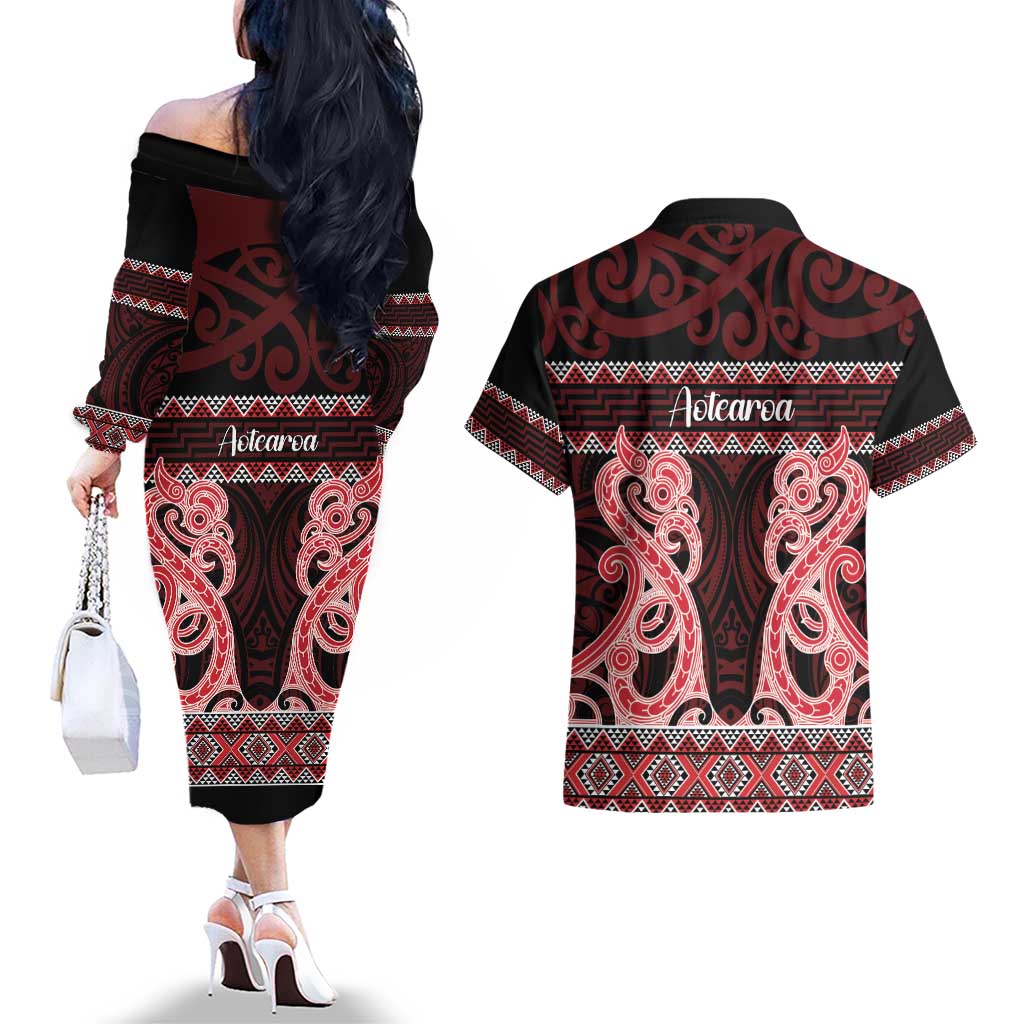 Kia Ora New Zealand Couples Matching Off The Shoulder Long Sleeve Dress and Hawaiian Shirt Maori Language Week Whero Taniko Motif - Aussie Hoodie