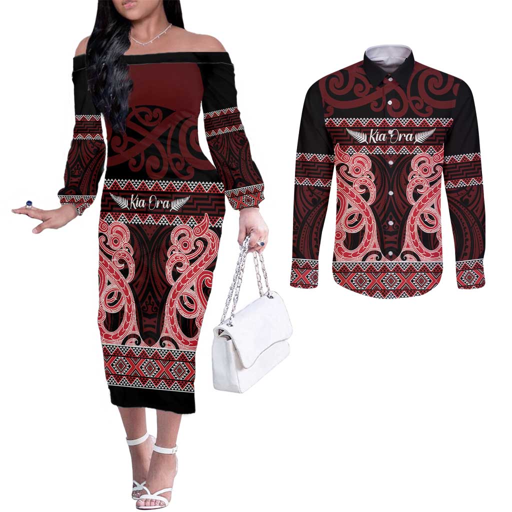 Kia Ora New Zealand Couples Matching Off The Shoulder Long Sleeve Dress and Long Sleeve Button Shirt Maori Language Week Whero Taniko Motif - Aussie Hoodie