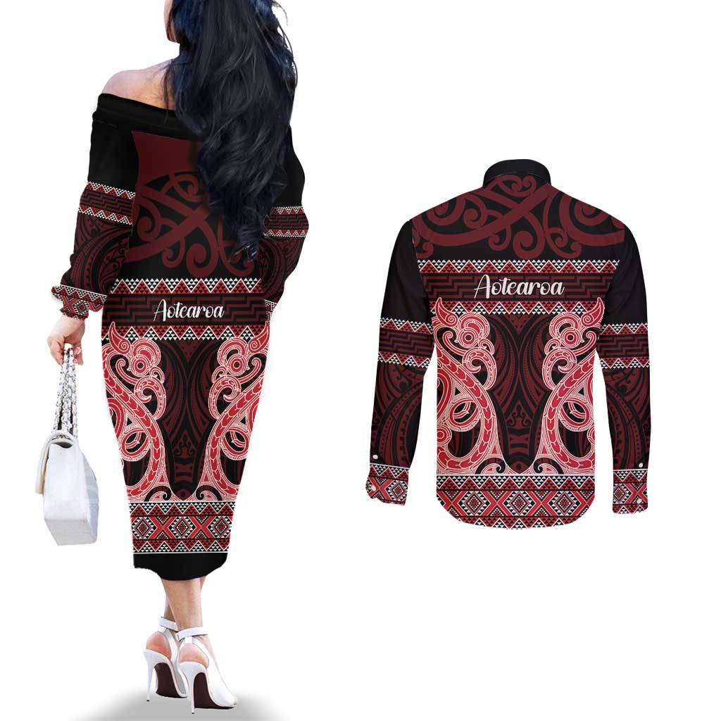 Kia Ora New Zealand Couples Matching Off The Shoulder Long Sleeve Dress and Long Sleeve Button Shirt Maori Language Week Whero Taniko Motif - Aussie Hoodie