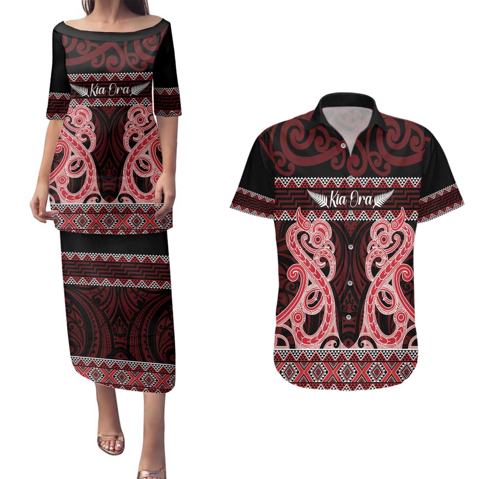 Kia Ora New Zealand Couples Matching Puletasi and Hawaiian Shirt Maori Language Week Whero Taniko Motif - Aussie Hoodie