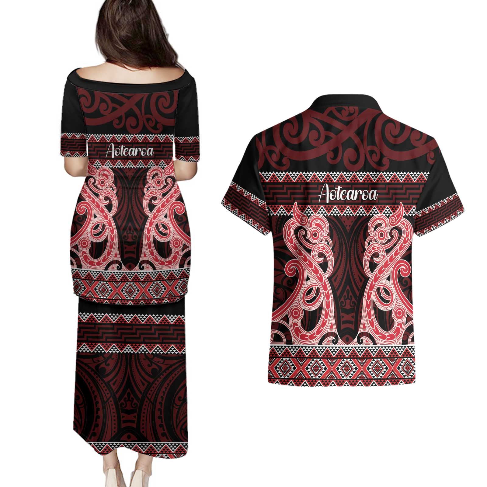 Kia Ora New Zealand Couples Matching Puletasi and Hawaiian Shirt Maori Language Week Whero Taniko Motif - Aussie Hoodie