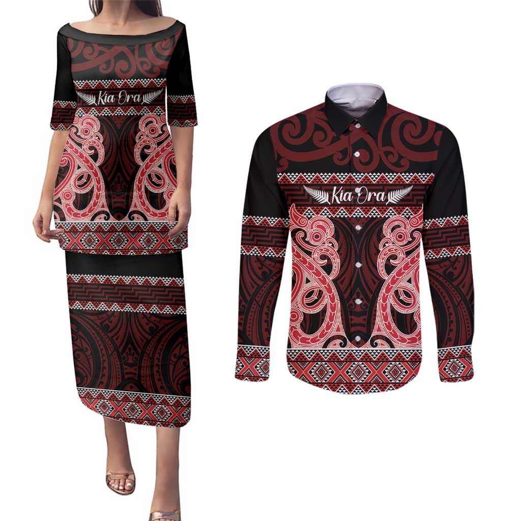 Kia Ora New Zealand Couples Matching Puletasi and Long Sleeve Button Shirt Maori Language Week Whero Taniko Motif - Aussie Hoodie