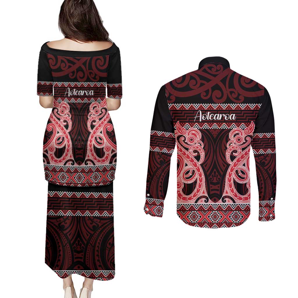 Kia Ora New Zealand Couples Matching Puletasi and Long Sleeve Button Shirt Maori Language Week Whero Taniko Motif - Aussie Hoodie