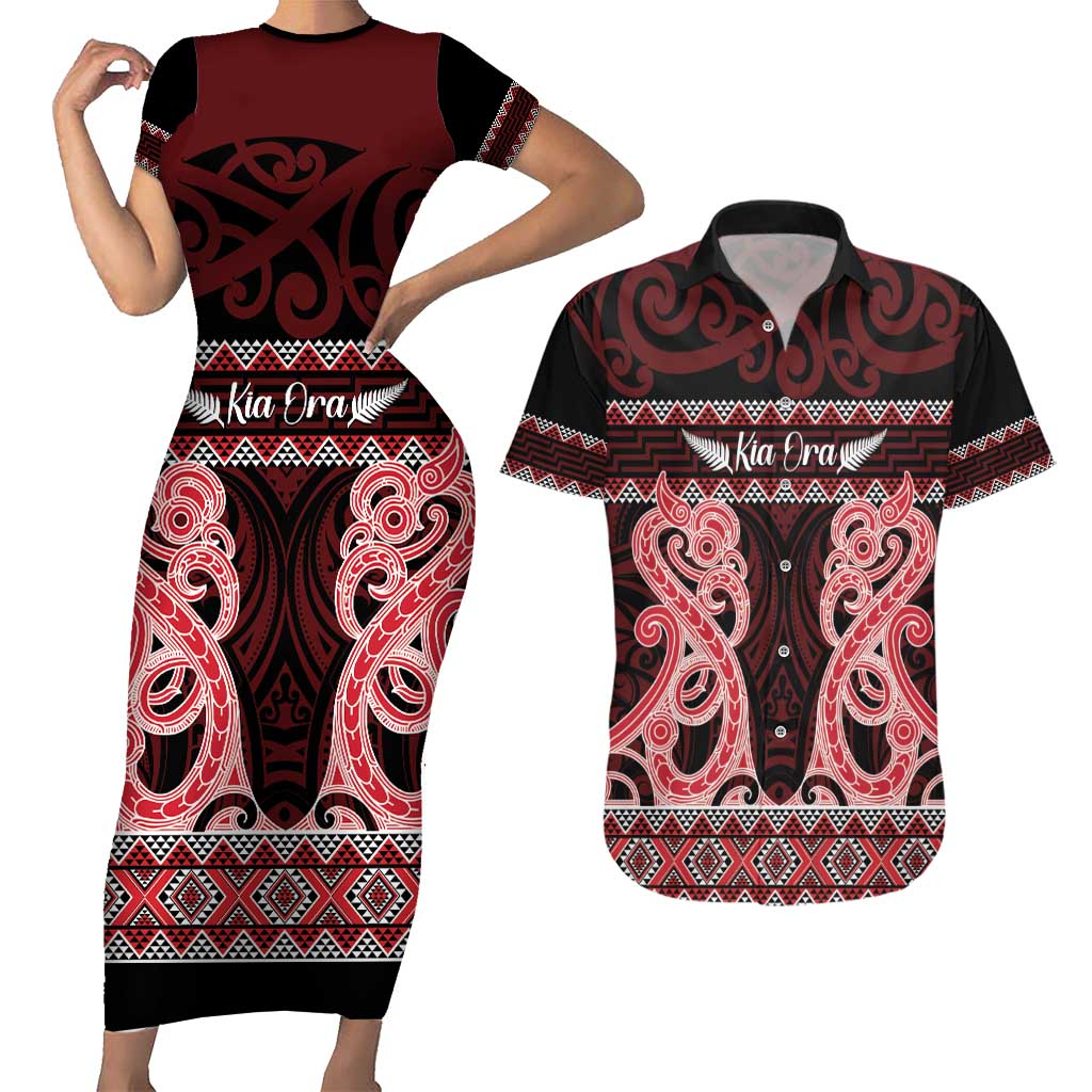 Kia Ora New Zealand Couples Matching Short Sleeve Bodycon Dress and Hawaiian Shirt Maori Language Week Whero Taniko Motif - Aussie Hoodie
