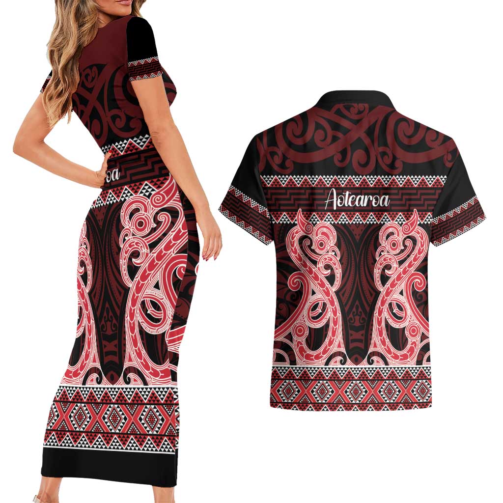 Kia Ora New Zealand Couples Matching Short Sleeve Bodycon Dress and Hawaiian Shirt Maori Language Week Whero Taniko Motif - Aussie Hoodie