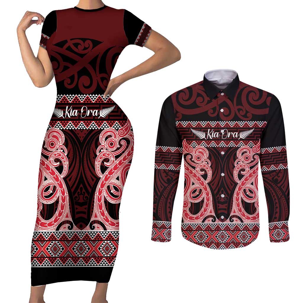 Kia Ora New Zealand Couples Matching Short Sleeve Bodycon Dress and Long Sleeve Button Shirt Maori Language Week Whero Taniko Motif - Aussie Hoodie