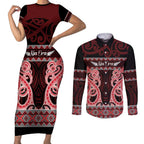Kia Ora New Zealand Couples Matching Short Sleeve Bodycon Dress and Long Sleeve Button Shirt Maori Language Week Whero Taniko Motif - Aussie Hoodie