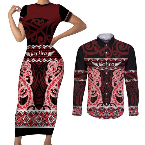 Kia Ora New Zealand Couples Matching Short Sleeve Bodycon Dress and Long Sleeve Button Shirt Maori Language Week Whero Taniko Motif - Aussie Hoodie