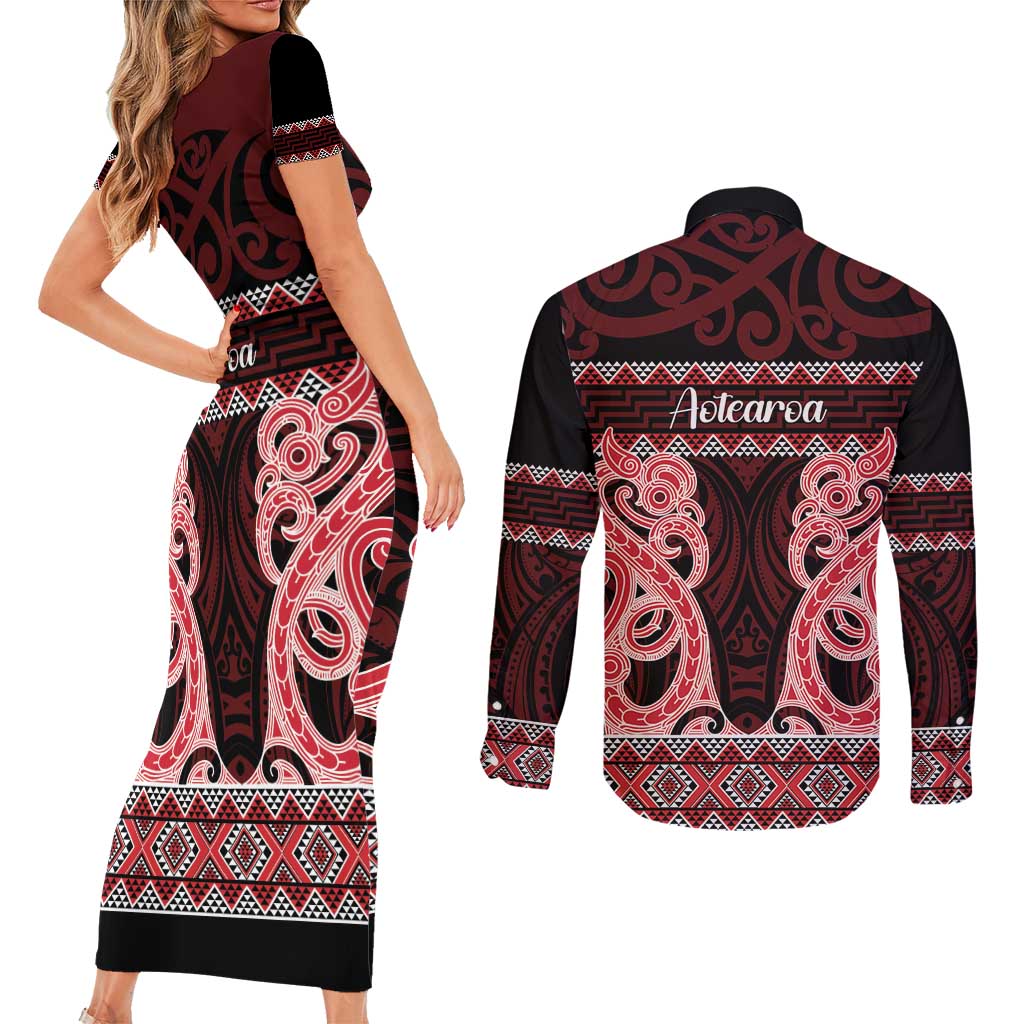 Kia Ora New Zealand Couples Matching Short Sleeve Bodycon Dress and Long Sleeve Button Shirt Maori Language Week Whero Taniko Motif - Aussie Hoodie