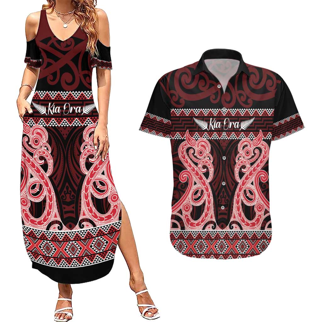 Kia Ora New Zealand Couples Matching Summer Maxi Dress and Hawaiian Shirt Maori Language Week Whero Taniko Motif - Aussie Hoodie
