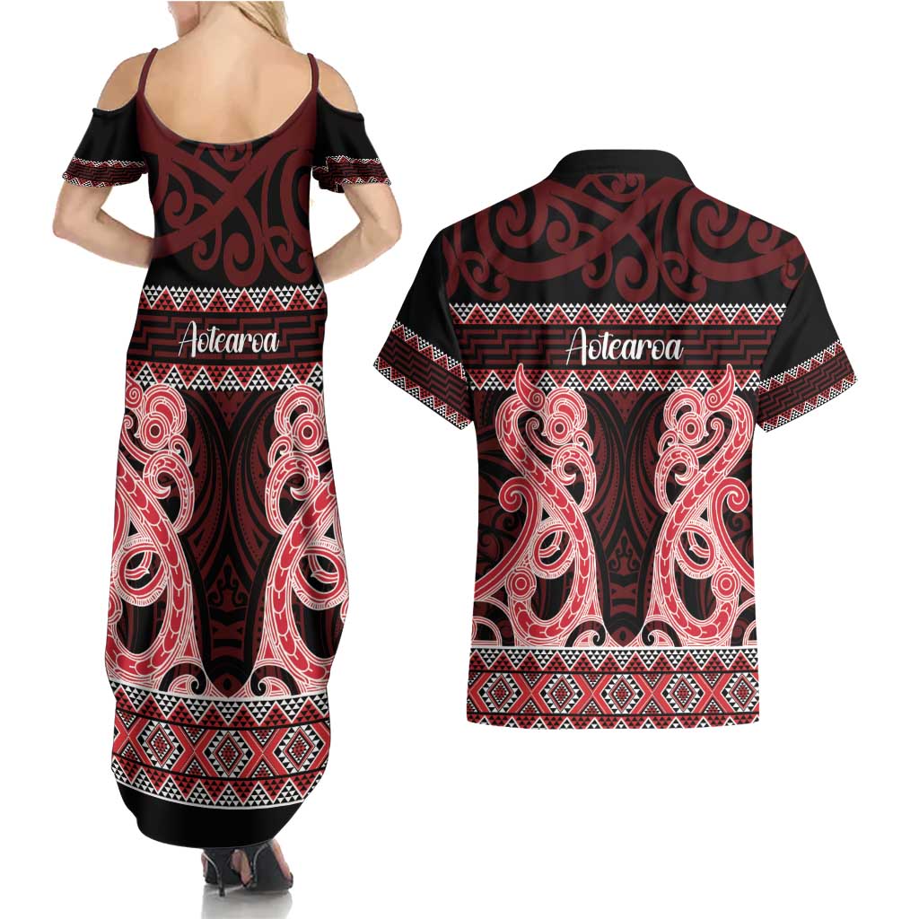 Kia Ora New Zealand Couples Matching Summer Maxi Dress and Hawaiian Shirt Maori Language Week Whero Taniko Motif - Aussie Hoodie