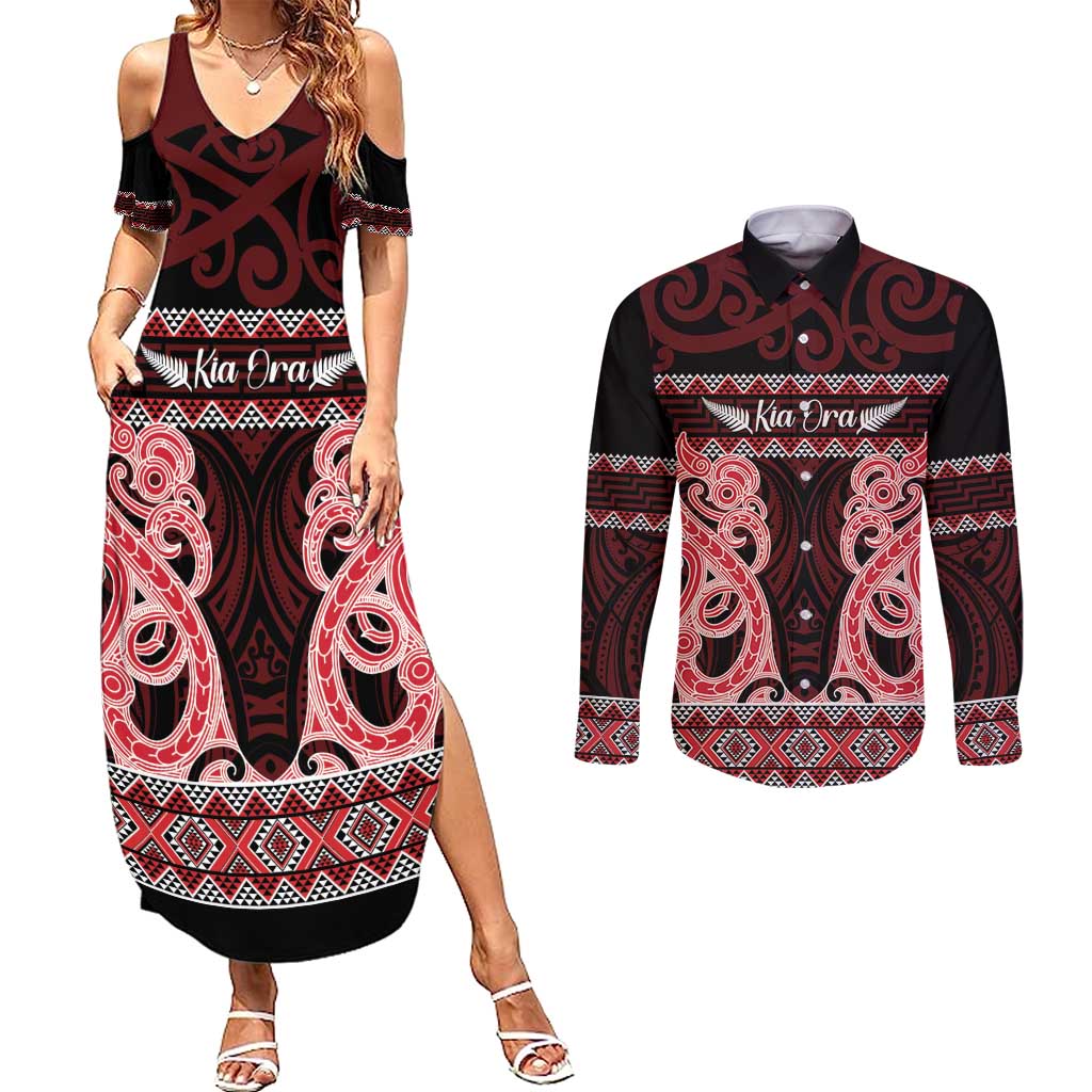 Kia Ora New Zealand Couples Matching Summer Maxi Dress and Long Sleeve Button Shirt Maori Language Week Whero Taniko Motif - Aussie Hoodie