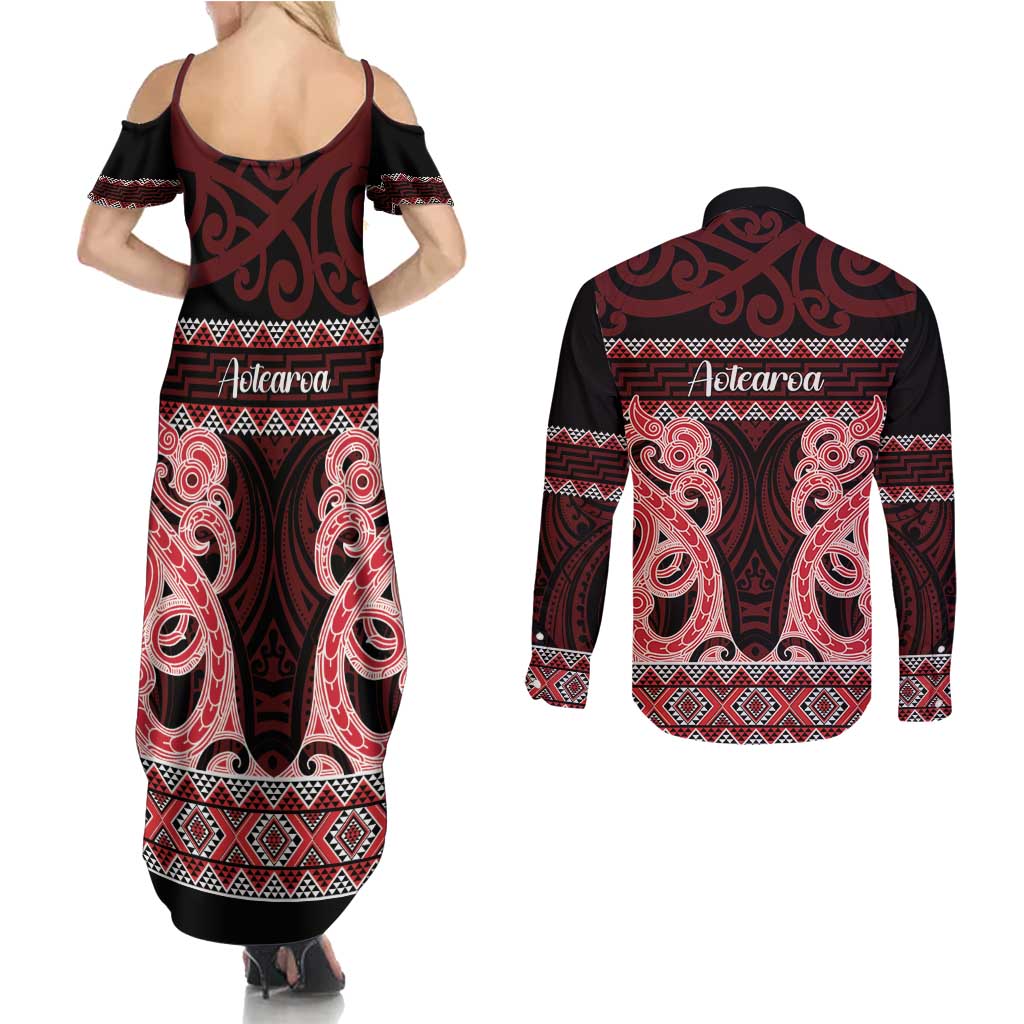 Kia Ora New Zealand Couples Matching Summer Maxi Dress and Long Sleeve Button Shirt Maori Language Week Whero Taniko Motif - Aussie Hoodie