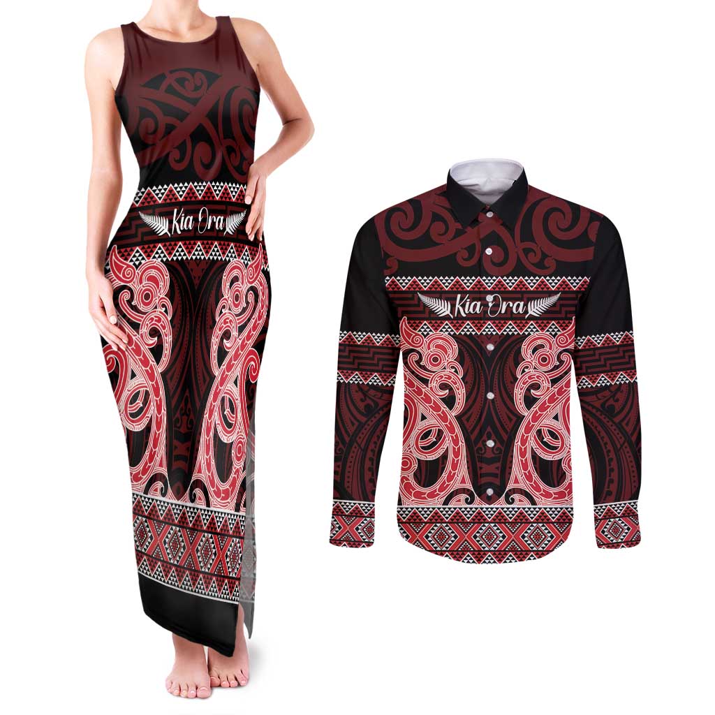Kia Ora New Zealand Couples Matching Tank Maxi Dress and Long Sleeve Button Shirt Maori Language Week Whero Taniko Motif - Aussie Hoodie