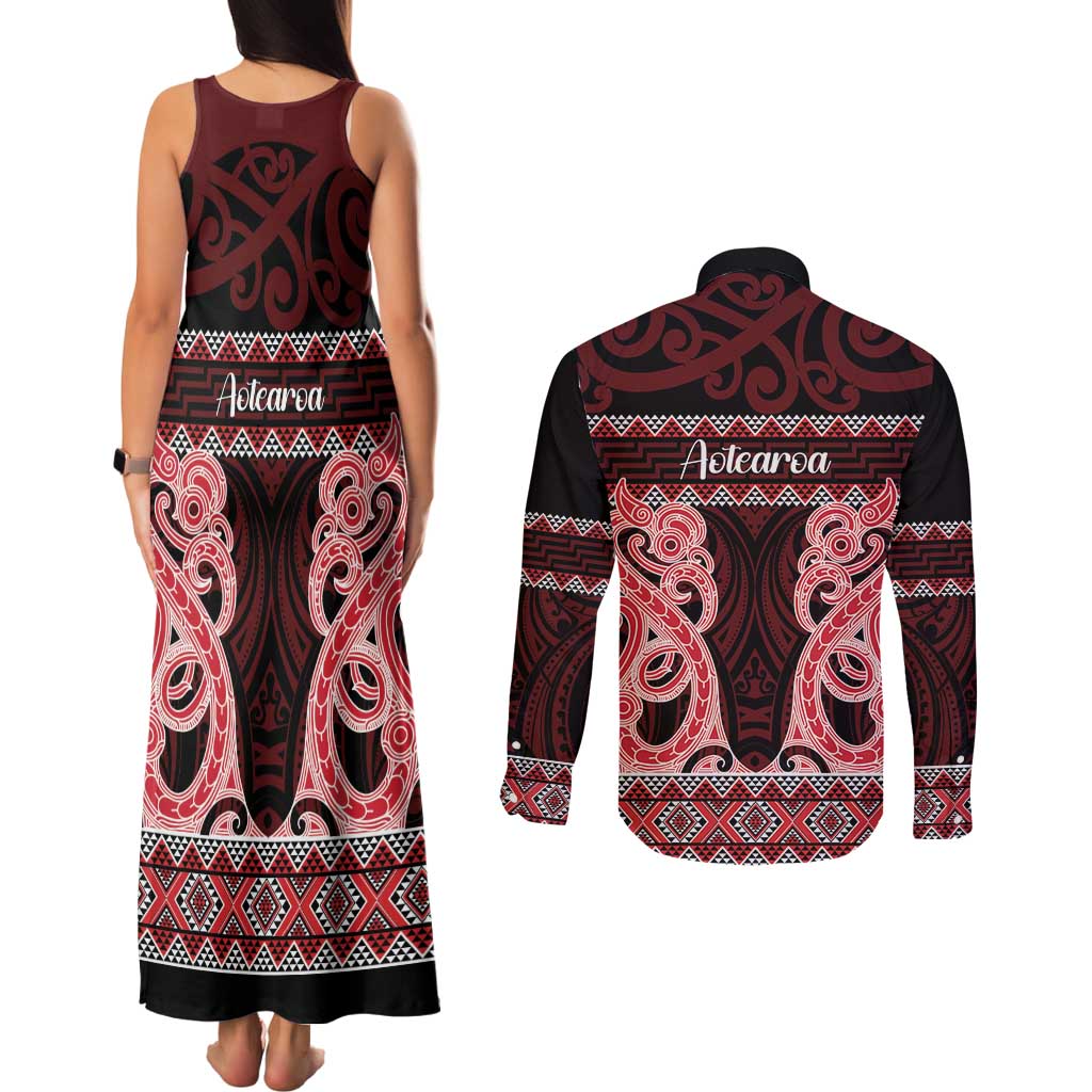 Kia Ora New Zealand Couples Matching Tank Maxi Dress and Long Sleeve Button Shirt Maori Language Week Whero Taniko Motif - Aussie Hoodie
