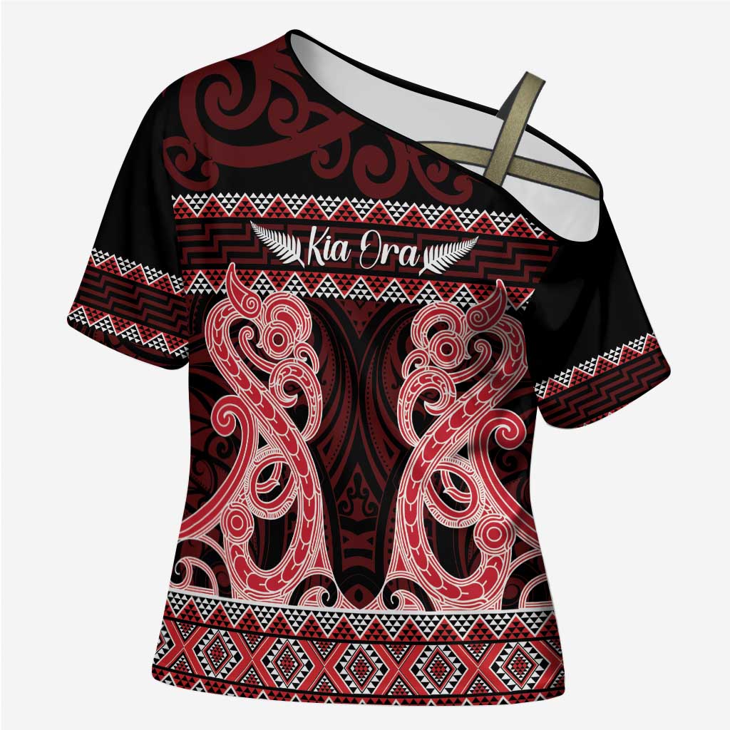 Kia Ora New Zealand Cross Shoulder Shirt Maori Language Week Whero Taniko Motif - Aussie Hoodie
