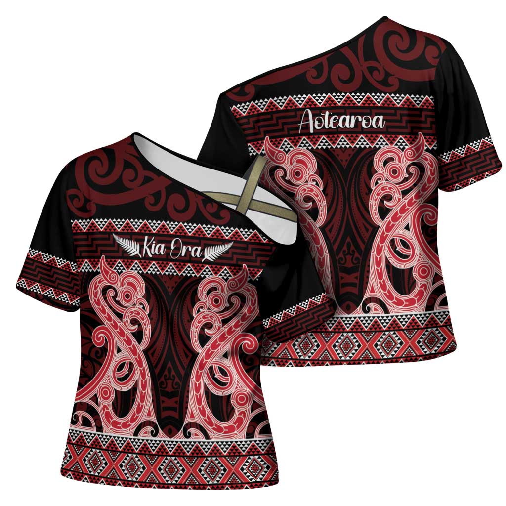 Kia Ora New Zealand Cross Shoulder Shirt Maori Language Week Whero Taniko Motif - Aussie Hoodie
