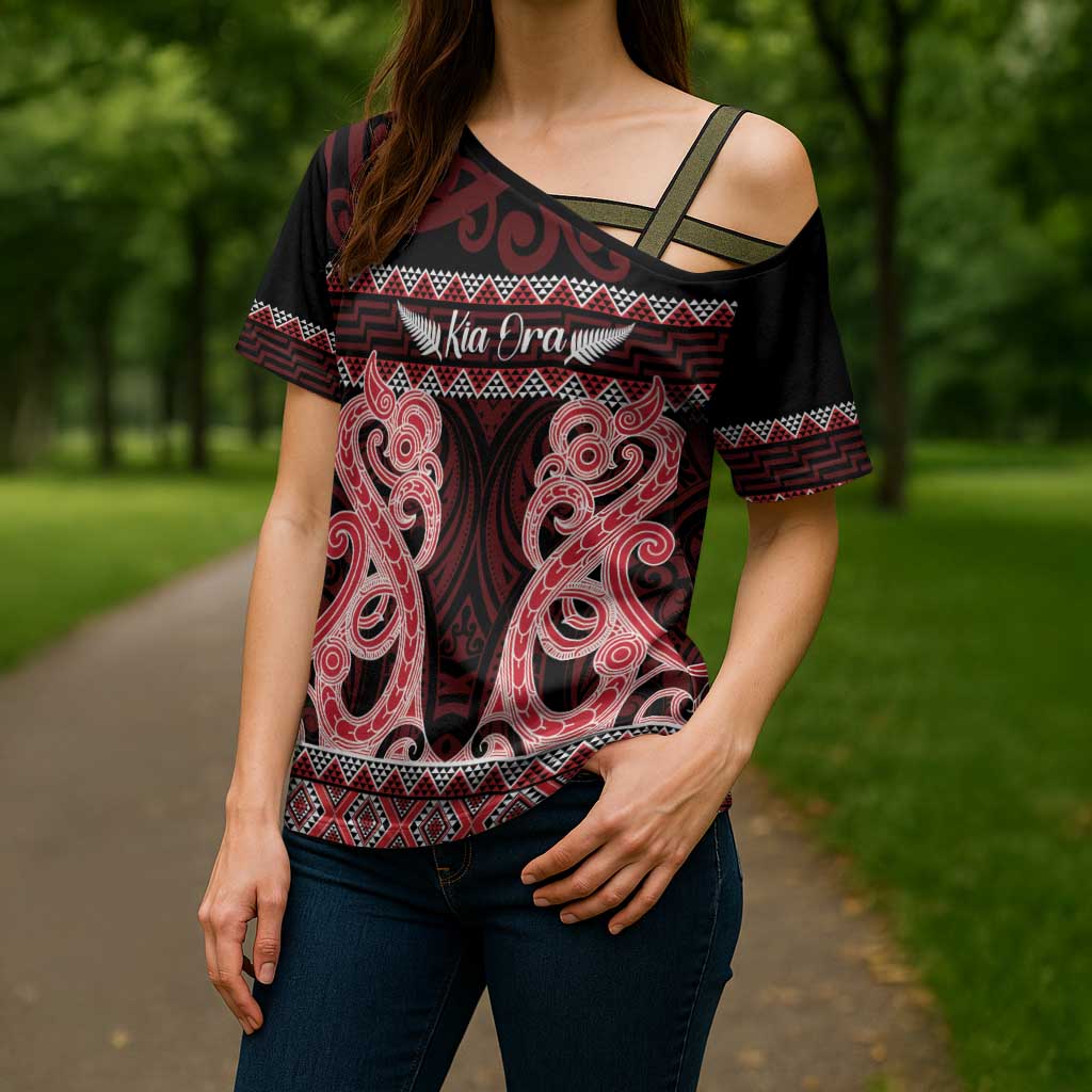 Kia Ora New Zealand Cross Shoulder Shirt Maori Language Week Whero Taniko Motif - Aussie Hoodie