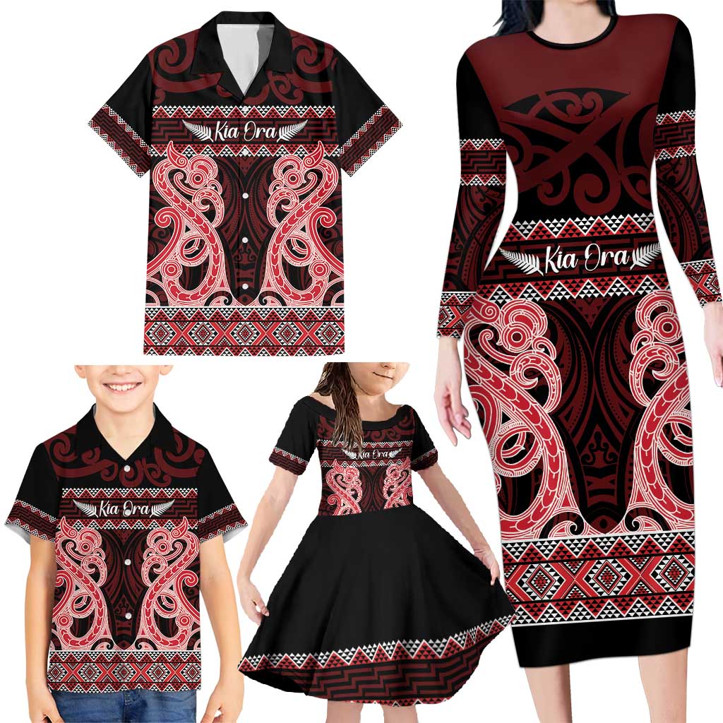 Kia Ora New Zealand Family Matching Long Sleeve Bodycon Dress and Hawaiian Shirt Maori Language Week Whero Taniko Motif - Aussie Hoodie