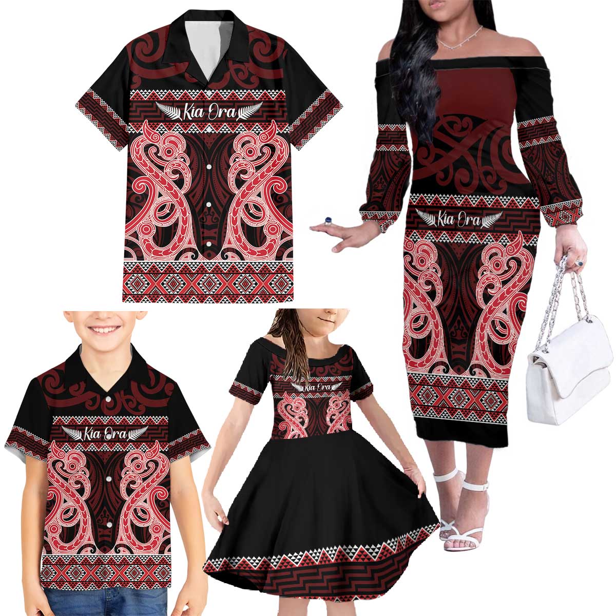 Kia Ora New Zealand Family Matching Off The Shoulder Long Sleeve Dress and Hawaiian Shirt Maori Language Week Whero Taniko Motif - Aussie Hoodie