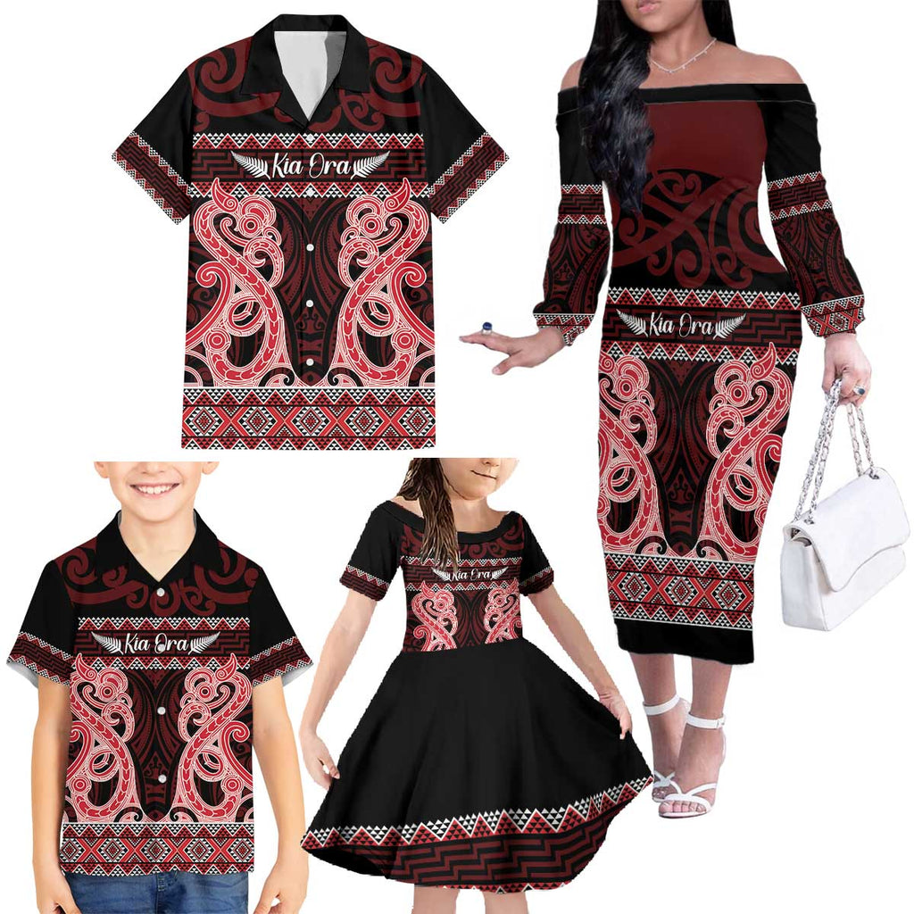 Kia Ora New Zealand Family Matching Off The Shoulder Long Sleeve Dress and Hawaiian Shirt Maori Language Week Whero Taniko Motif - Aussie Hoodie
