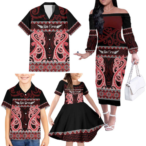 Kia Ora New Zealand Family Matching Off The Shoulder Long Sleeve Dress and Hawaiian Shirt Maori Language Week Whero Taniko Motif - Aussie Hoodie