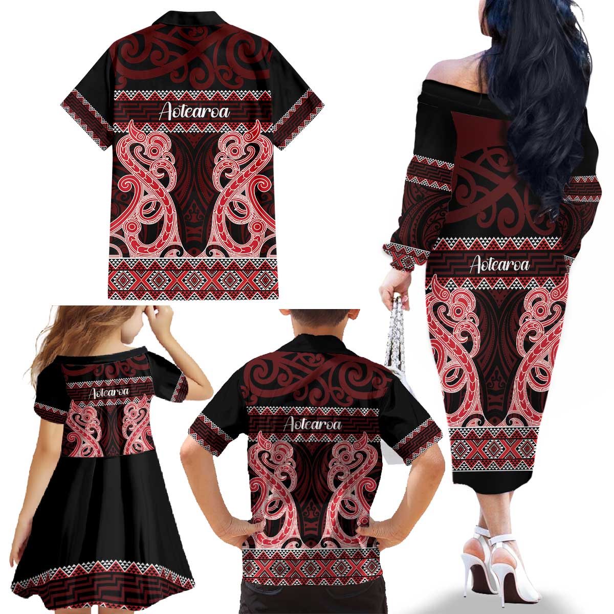 Kia Ora New Zealand Family Matching Off The Shoulder Long Sleeve Dress and Hawaiian Shirt Maori Language Week Whero Taniko Motif - Aussie Hoodie