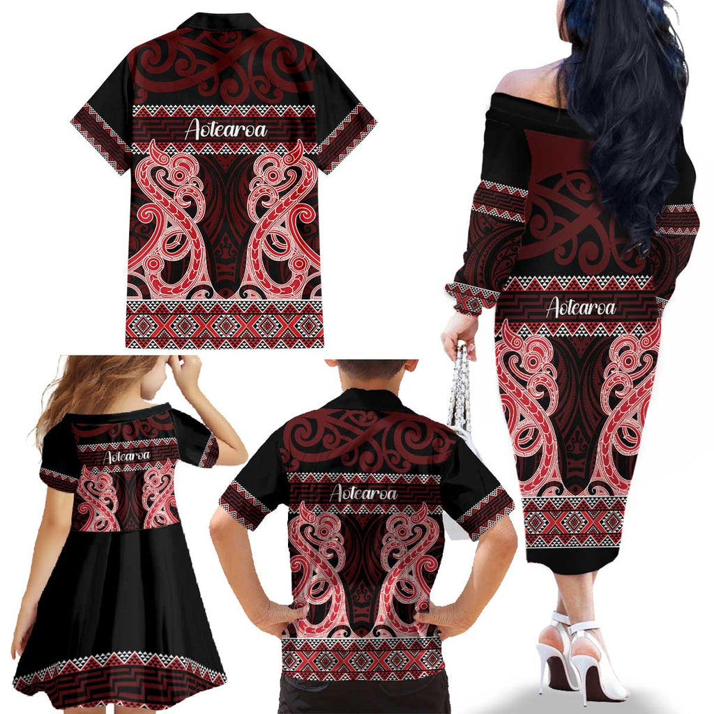 Kia Ora New Zealand Family Matching Off The Shoulder Long Sleeve Dress and Hawaiian Shirt Maori Language Week Whero Taniko Motif - Aussie Hoodie