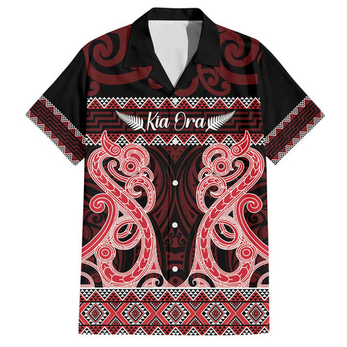 Kia Ora New Zealand Family Matching Off The Shoulder Long Sleeve Dress and Hawaiian Shirt Maori Language Week Whero Taniko Motif - Aussie Hoodie