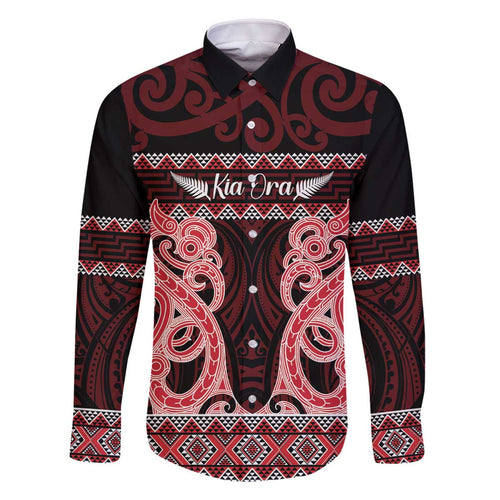 Kia Ora New Zealand Family Matching Off The Shoulder Long Sleeve Dress and Hawaiian Shirt Maori Language Week Whero Taniko Motif - Aussie Hoodie