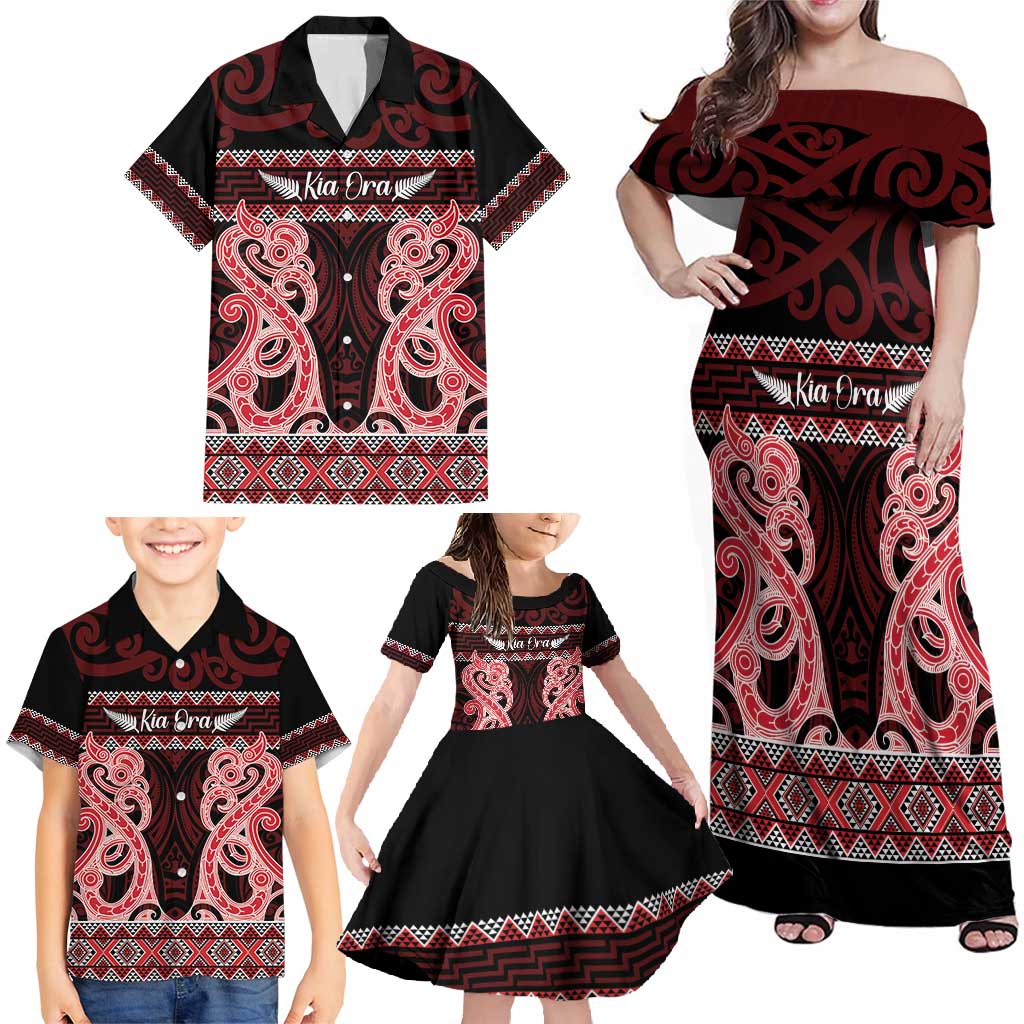 Kia Ora New Zealand Family Matching Off Shoulder Maxi Dress and Hawaiian Shirt Maori Language Week Whero Taniko Motif - Aussie Hoodie