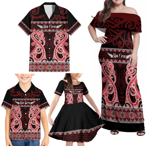 Kia Ora New Zealand Family Matching Off Shoulder Maxi Dress and Hawaiian Shirt Maori Language Week Whero Taniko Motif - Aussie Hoodie