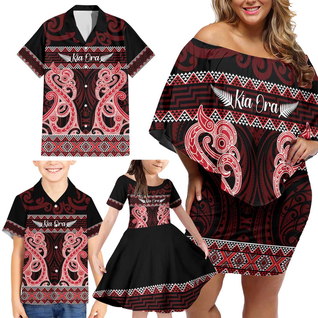 Kia Ora New Zealand Family Matching Off Shoulder Short Dress and Hawaiian Shirt Maori Language Week Whero Taniko Motif - Aussie Hoodie