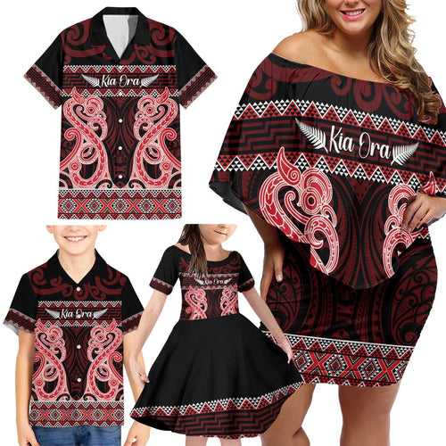 Kia Ora New Zealand Family Matching Off Shoulder Short Dress and Hawaiian Shirt Maori Language Week Whero Taniko Motif - Aussie Hoodie