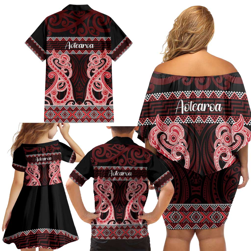 Kia Ora New Zealand Family Matching Off Shoulder Short Dress and Hawaiian Shirt Maori Language Week Whero Taniko Motif - Aussie Hoodie