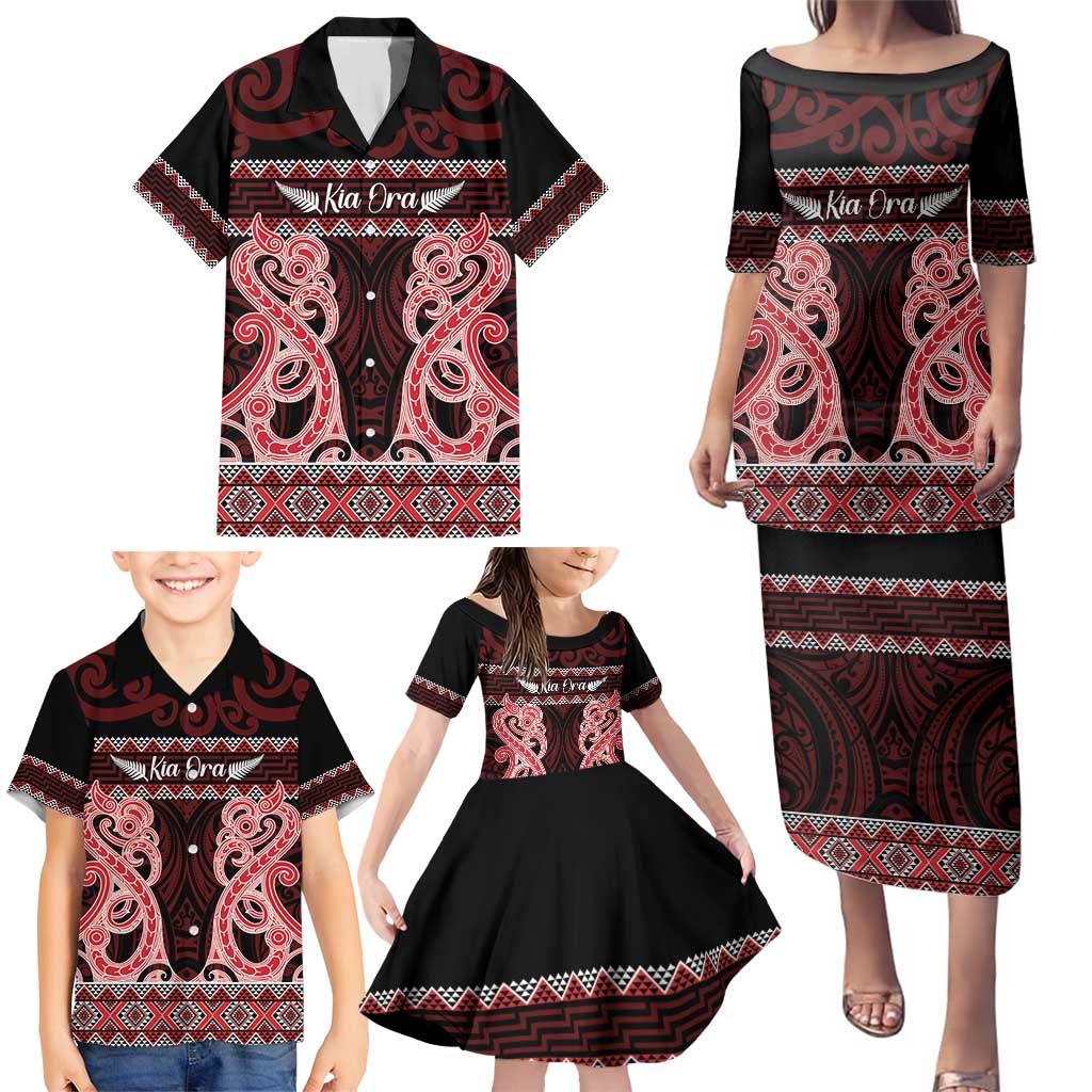 Kia Ora New Zealand Family Matching Puletasi and Hawaiian Shirt Maori Language Week Whero Taniko Motif - Aussie Hoodie