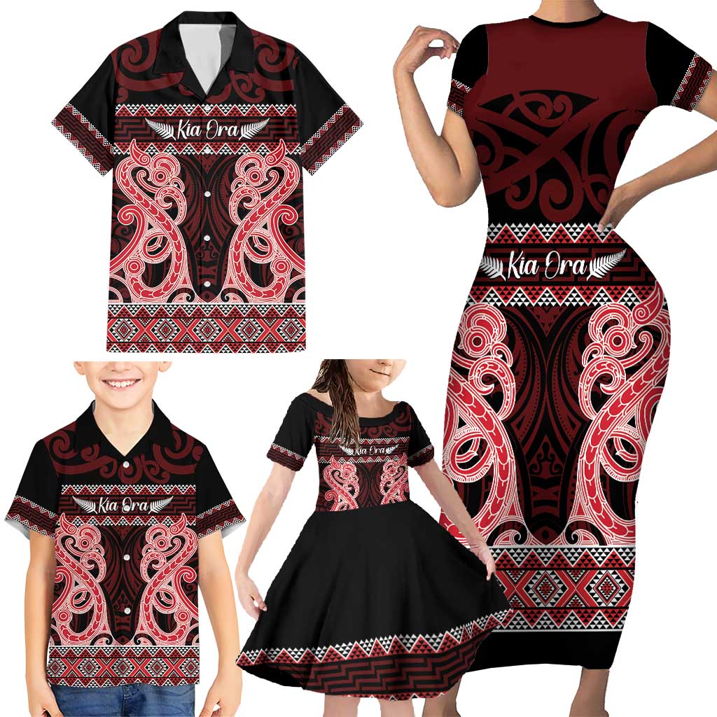 Kia Ora New Zealand Family Matching Short Sleeve Bodycon Dress and Hawaiian Shirt Maori Language Week Whero Taniko Motif - Aussie Hoodie