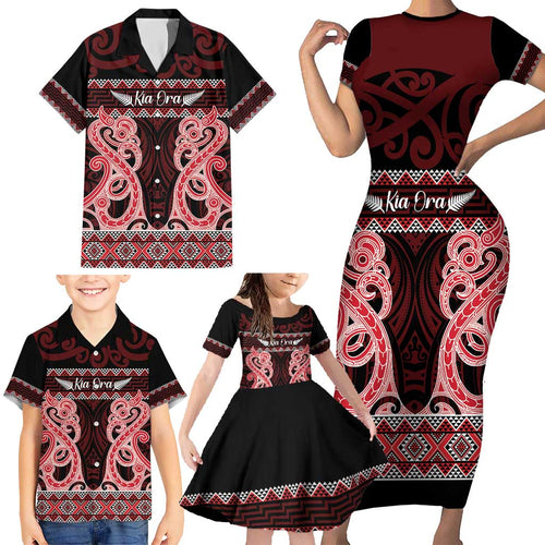Kia Ora New Zealand Family Matching Short Sleeve Bodycon Dress and Hawaiian Shirt Maori Language Week Whero Taniko Motif - Aussie Hoodie